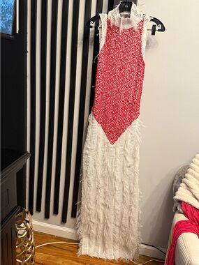 Red Lace Bodice White Fringe Maxi Dress